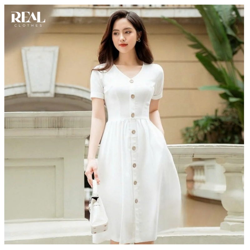 Đầm công sở tay ngắn vải linen pha lụa Paris trắng REAL CLOTHES, CÓ TÚI, có lót tùng váy