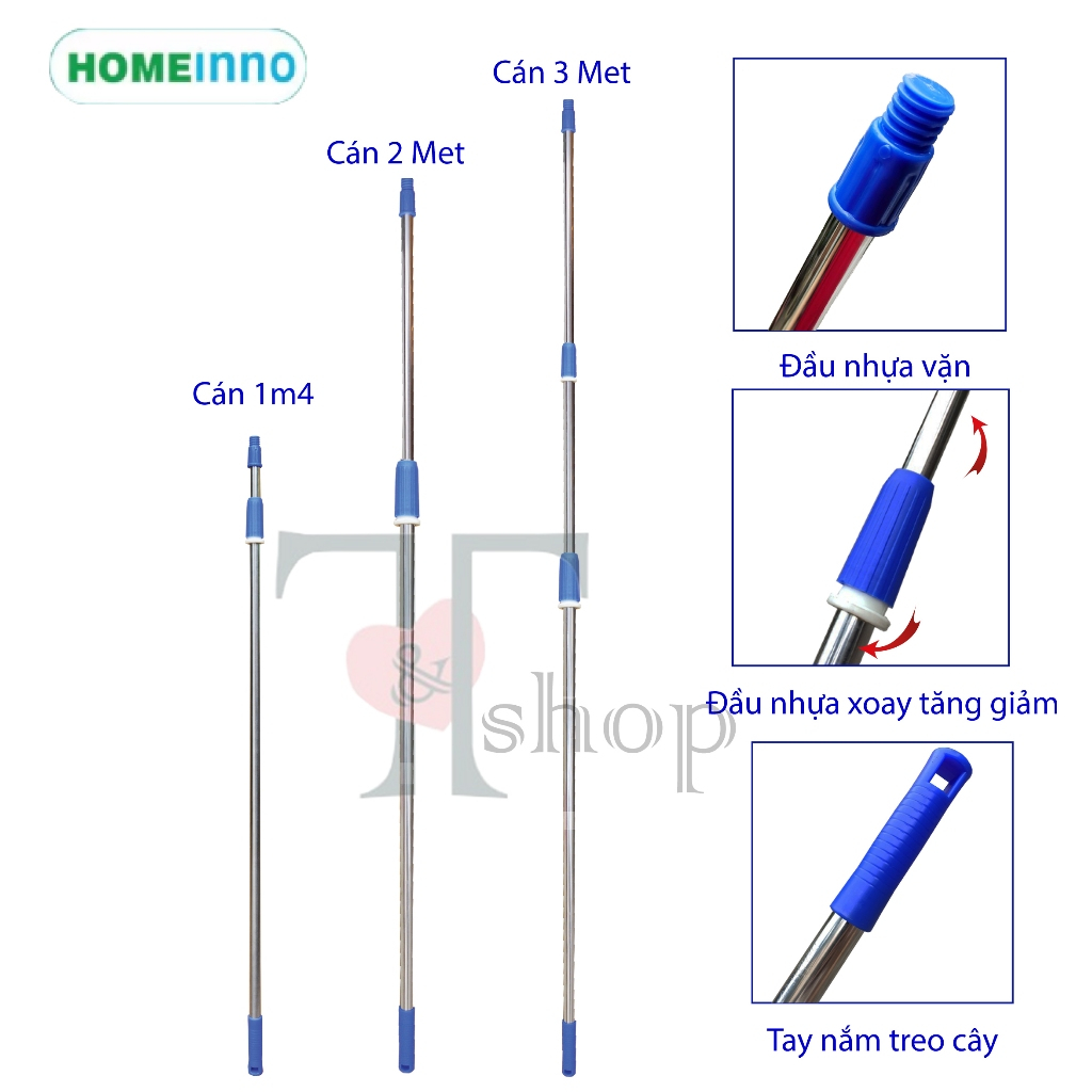 Bộ Cây Lau Kính + Gạt Nước Kiếng + Quét Mạng Nhện + Móc Lấy Đồ Trên Cao Homeinno Cán Dài 1m4, 2m, 3m, 4m, 5m