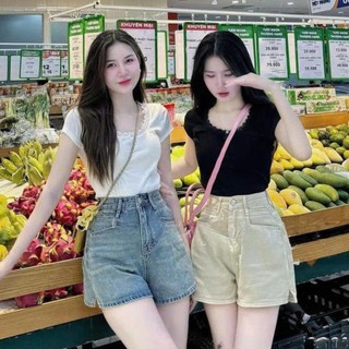 Quần Short Jeans Nữ Xẻ Vạt Cạp Cao 247store 2 Màu Xinh Xắn [Không Kèm Đai]