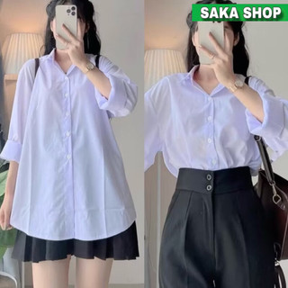 Áo sơ mi trắng xanh học sinh from rộng dài tay chất vải mịn mát không nhăn