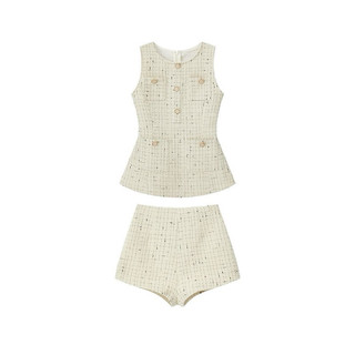 Set áo dạ tweet cổ tròn chiết eo đuôi xoè kết hợp quần short cạp cao