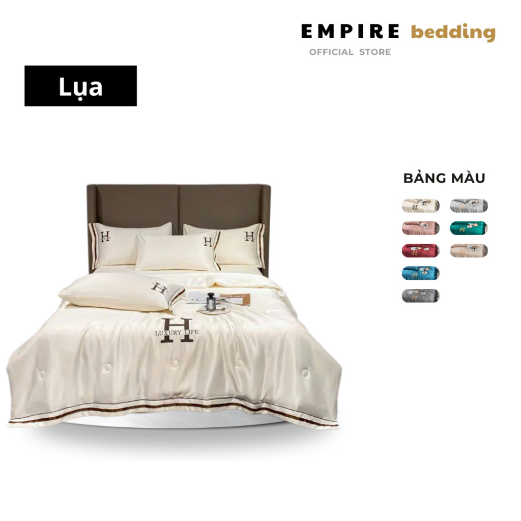 Bộ chăn ga gối nệm đệm 4 món phi lụa chữ H luxury cao cấp bo chun drap - EMPIRE | Bedding & Decor