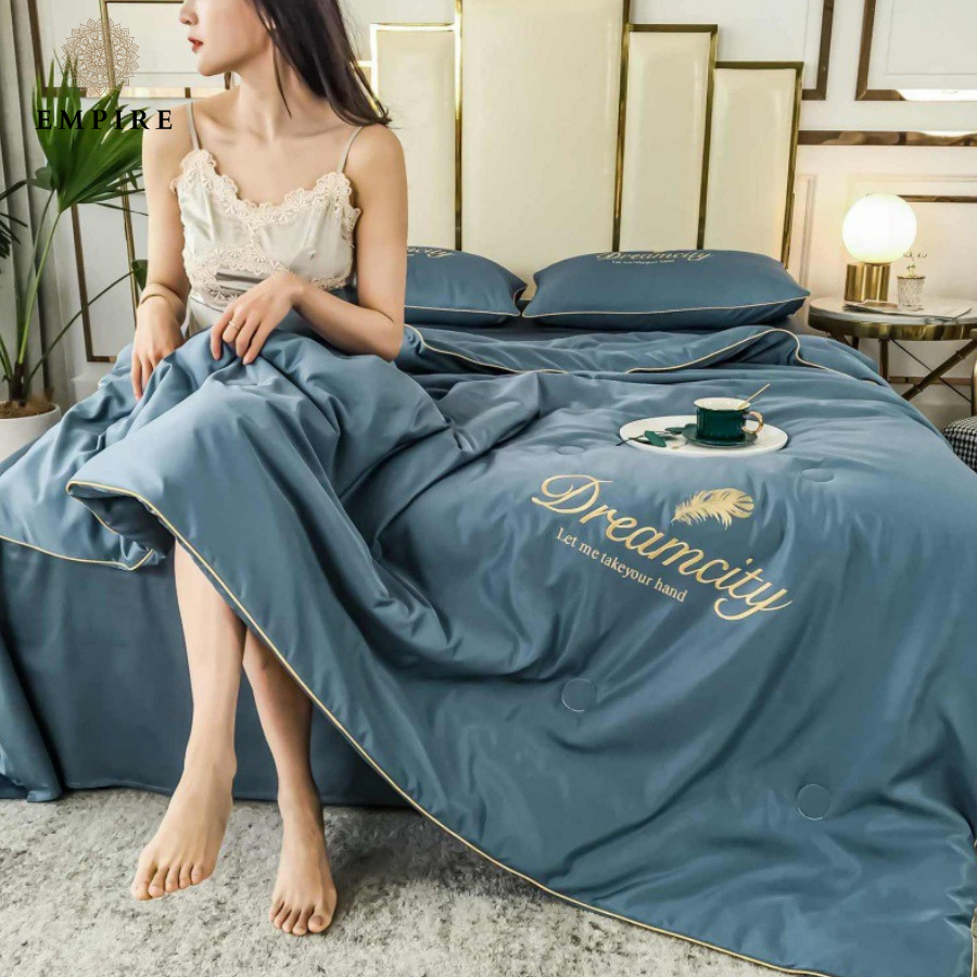 Bộ chăn ga gối nệm đệm ga bo chun set 4 món lụa chăn chần bông lụa mềm mịn thoáng mát cao cấp  - Empire Bedding & Decor