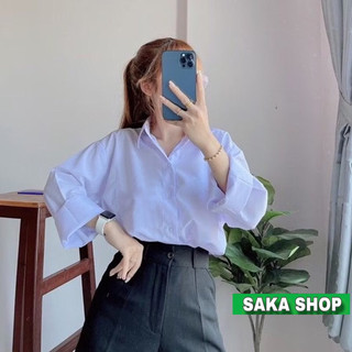 Áo sơ mi trắng xanh học sinh from rộng dài tay chất vải mịn mát không nhăn