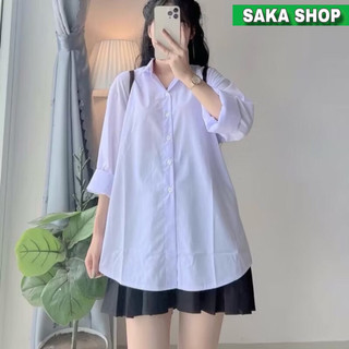 Áo sơ mi trắng xanh học sinh from rộng dài tay chất vải mịn mát không nhăn