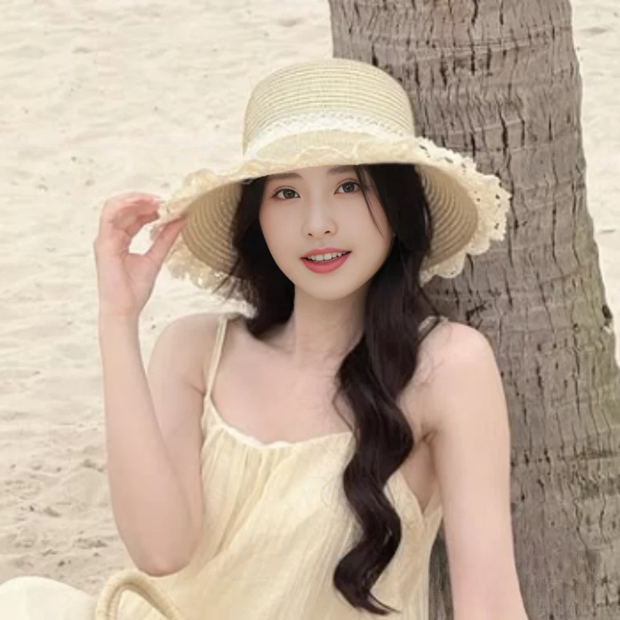 Set Mũ Cói Viền Ren + Túi Cói Vintage Có Khóa Kéo Size Vừa, Tua Rua Mix Ngọc Nơ Ren Đi Biển