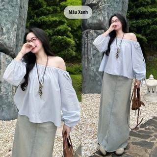 Áo Kiểu Trễ Vai Tay Dài Rút Dây Thắt Nơ 247store Cotton Thô Bệt Vai Nữ Tính A734