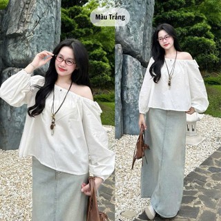 Áo Kiểu Trễ Vai Tay Dài Rút Dây Thắt Nơ 247store Cotton Thô Bệt Vai Nữ Tính A734