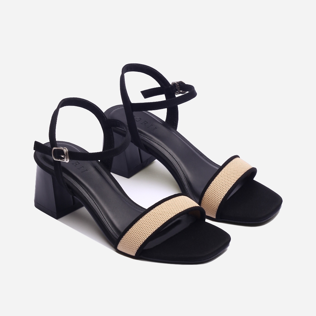 CORII - Giày Sandal Cao Gót Quai Ngang Bản Nhỏ Mũi Vuông Thời Trang và Thoải Mái Nhất - CR6IVR5 Kem Da phối Đen