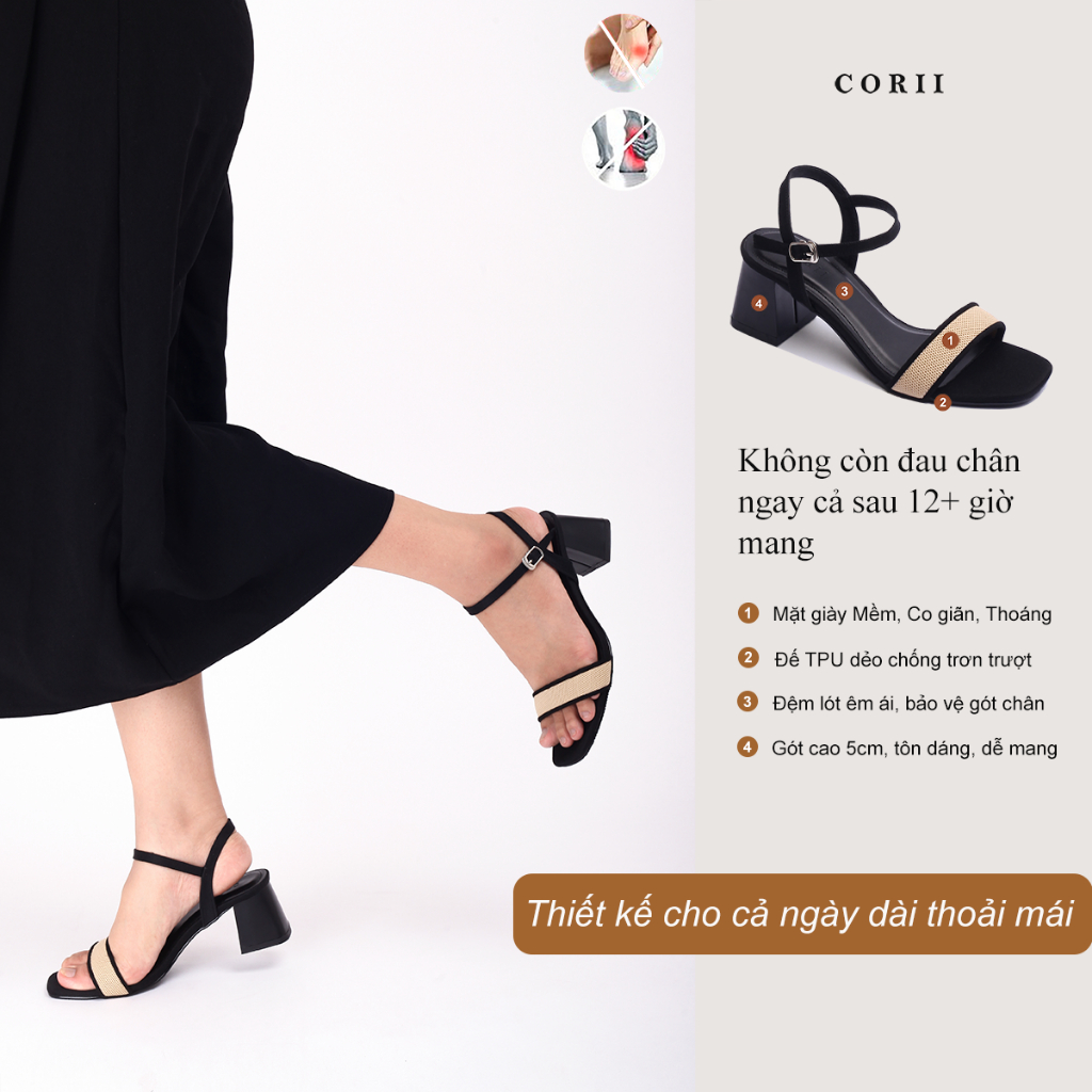 CORII - Giày Sandal Cao Gót Quai Ngang Bản Nhỏ Mũi Vuông Thời Trang và Thoải Mái Nhất - CR6IVR5 Kem Da phối Đen
