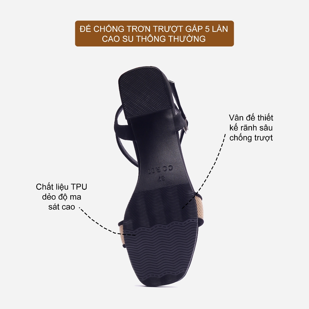 CORII - Giày Sandal Cao Gót Quai Ngang Bản Nhỏ Mũi Vuông Thời Trang và Thoải Mái Nhất - CR6IVR5 Kem Da phối Đen
