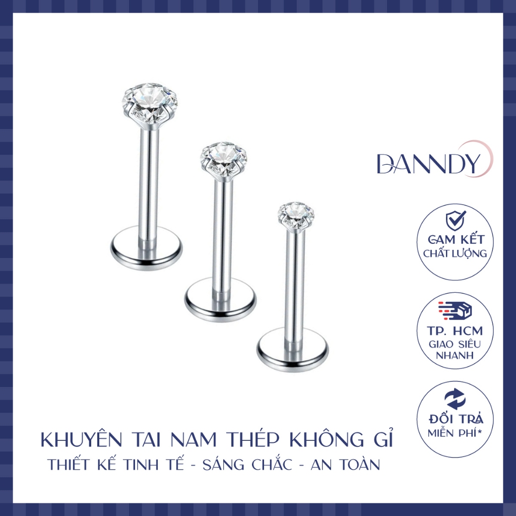 Khuyên môi đính đá Zircon thép không gỉ cao cấp. Khuyên tai đính đá chui vặn mini Unisex | Dandy