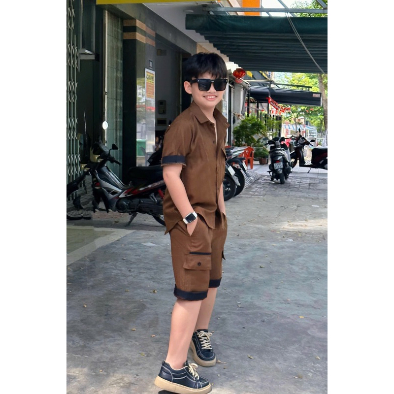 Bộ sơmi thiết kế phối nâu cho bé Trai 10-52kg