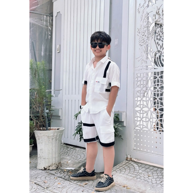set sơmi thiết kế phối trắng cho bé trai 10-52kg TONIKIDS