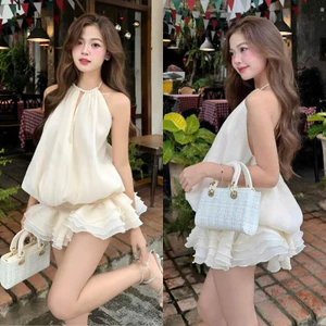 Set Váy Cổ Yếm Đính Ngọc Hở Lưng Dáng Bí Xòe Chun Eo Kèm Quần Bảo Hộ Siêu Xinh MS86