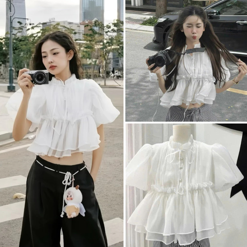 Áo Babydoll Croptop Tay Bồng Cúc Ngọc Đính Nơ Siêu Xinh MS77