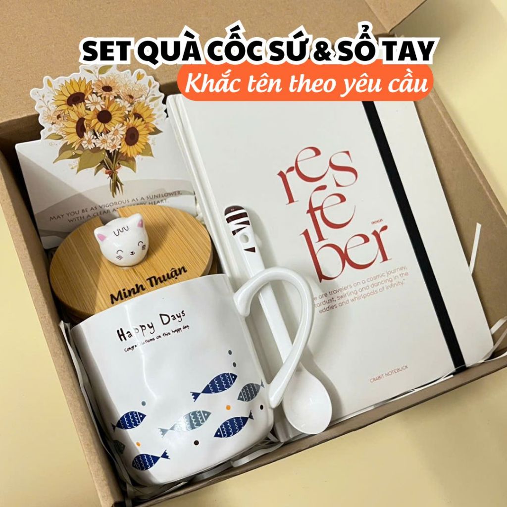 [Mới/Hỏa Tốc] Set quà tặng Tốt Nghiệp, Sinh nhật, Kỉ niệm KHẮC TÊN THEO YÊU CẦU NẮP CỐC SỨ kèm sổ tay cao cấp