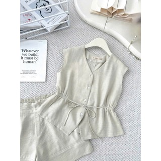 Set Áo sát nách cài cúc cổ tim, nhún sườn phối Quần short túi chéo MCHIC N66C25H031