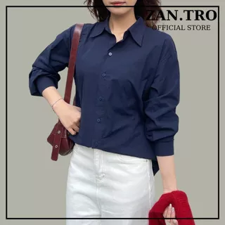 Áo sơ mi nữ basic thêu hình form rộng ZANTRO Áo dài tay màu xanh than siêu tôn da 367