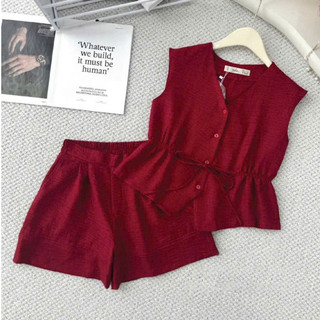 Set Áo sát nách cài cúc cổ tim, nhún sườn phối Quần short túi chéo MCHIC N66C25H031