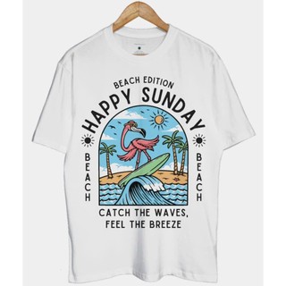 Áo Phông Cộc Tay Hè Cổ Tròn Nam Nữ In  5D Phối Con Vịt Tắm Biển HAPPY SUNDAY  , Chất Liệu Cotton Khô Mềm Mịn