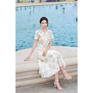Áo sơ mi nữ LAMER họa tiết hoa cổ tròn phối Chân váy nữ dáng xòe L61H25H029, L62L25H006
