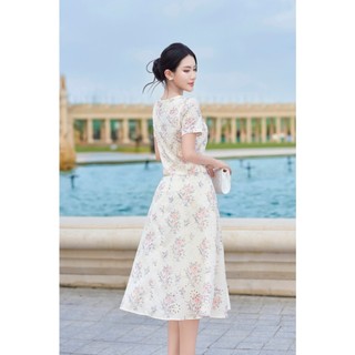 Áo sơ mi nữ LAMER họa tiết hoa cổ tròn phối Chân váy nữ dáng xòe L61H25H029, L62L25H006