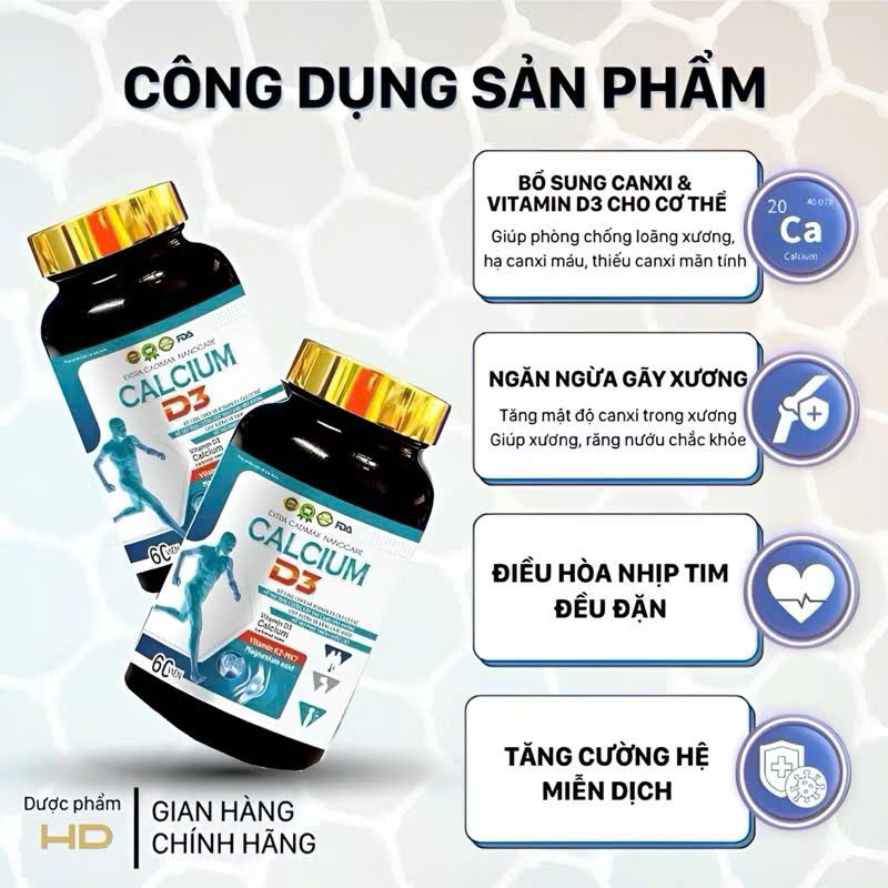 Viên uống tăng chiều cao CALCIUM D3 bổ sung Canxi, giúp tăng chiều cao từ 8 > 25 tuổi- Hộp 60 viên dùng 1 tháng