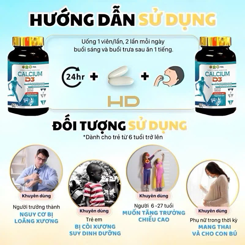 Viên uống tăng chiều cao CALCIUM D3 bổ sung Canxi, giúp tăng chiều cao từ 8 > 25 tuổi- Hộp 60 viên dùng 1 tháng
