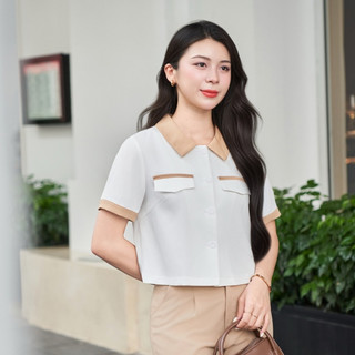 Áo Sơ Mi Croptop Phối Màu Áo Kiểu Nữ Dáng Ngắn LAMER O65D25H001