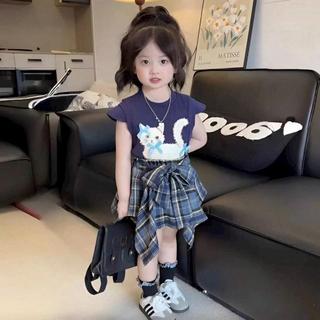 S236-Set áo thun Mèo phối chân váy caro cho bé gái size từ 8-30Kg