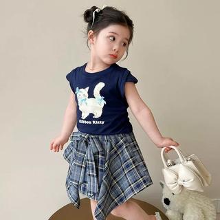 S236-Set áo thun Mèo phối chân váy caro cho bé gái size từ 8-30Kg