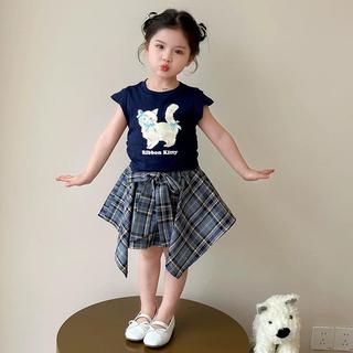 S236-Set áo thun Mèo phối chân váy caro cho bé gái size từ 8-30Kg