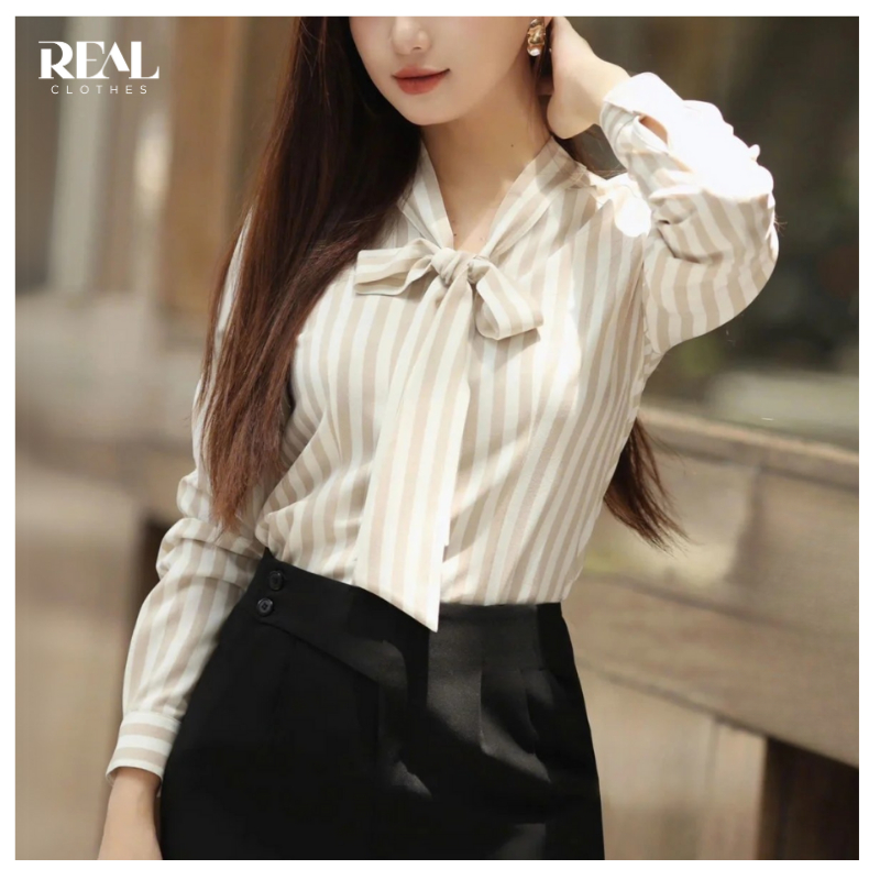 Áo kiểu công sở cột nơ dáng ôm sọc nâu đậm Lisa REAL CLOTHES, sang trọng, có nút dự phòng