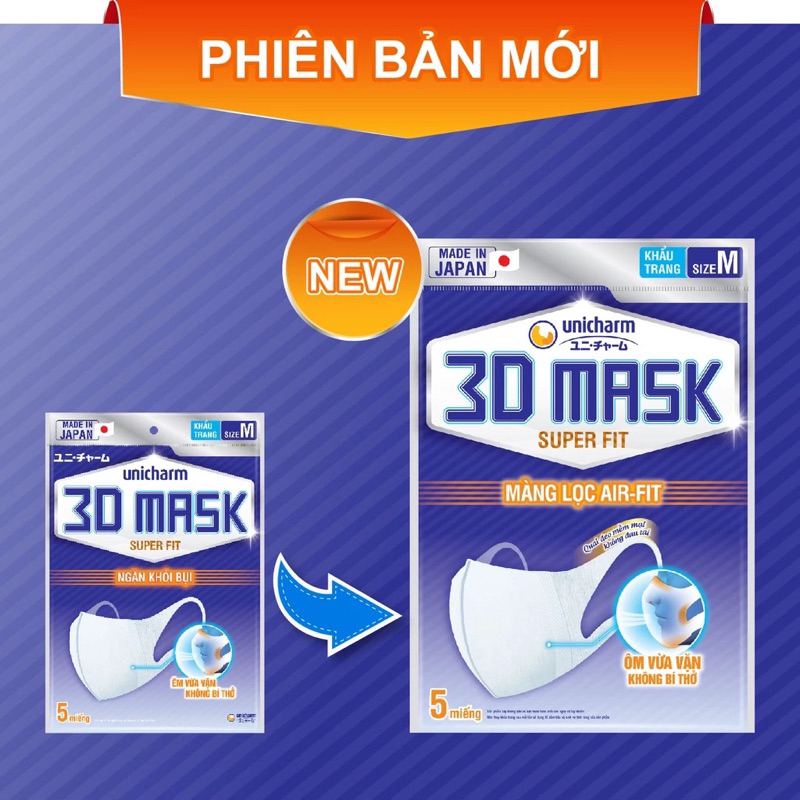 Bộ 5 Khẩu trang ngăn khói bụi Unicharm 3D Mask Super Fit size M gói 5 cái