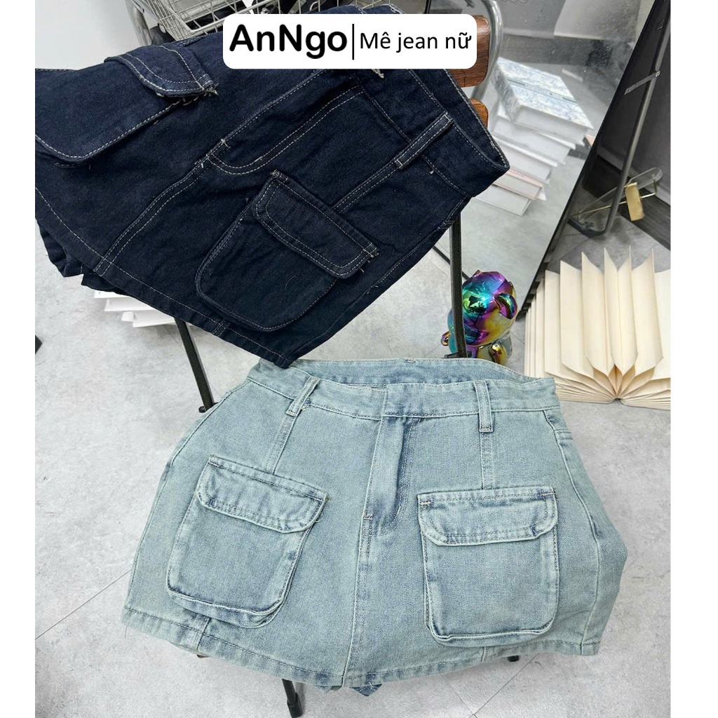 (Không kèm gấu) Chân váy jean nữ túi hộp cá tính, chất jean denim không giãn, có lót trong dày dặn Anngo  - AT538