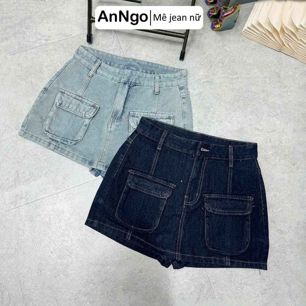 (Không kèm gấu) Chân váy jean nữ túi hộp cá tính, chất jean denim không giãn, có lót trong dày dặn Anngo  - AT538