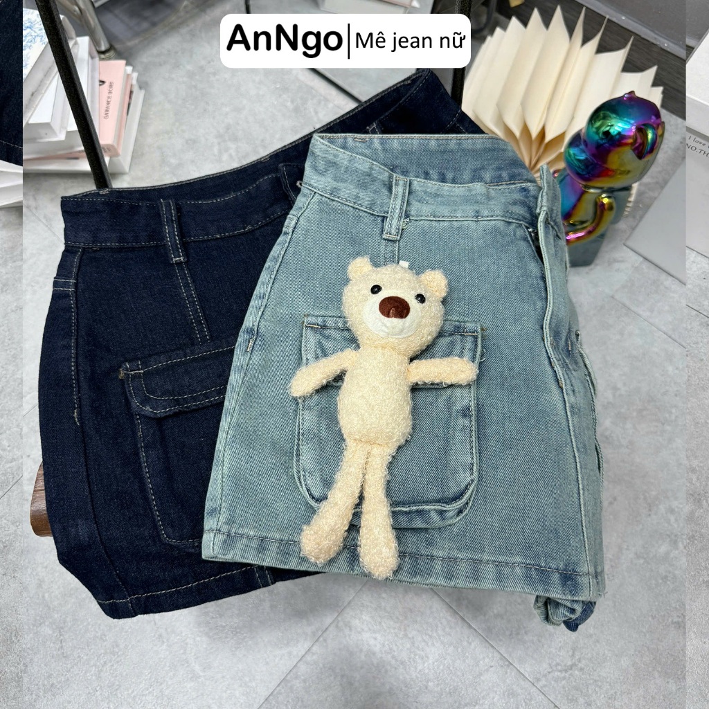 (Không kèm gấu) Chân váy jean nữ túi hộp cá tính, chất jean denim không giãn, có lót trong dày dặn Anngo  - AT538