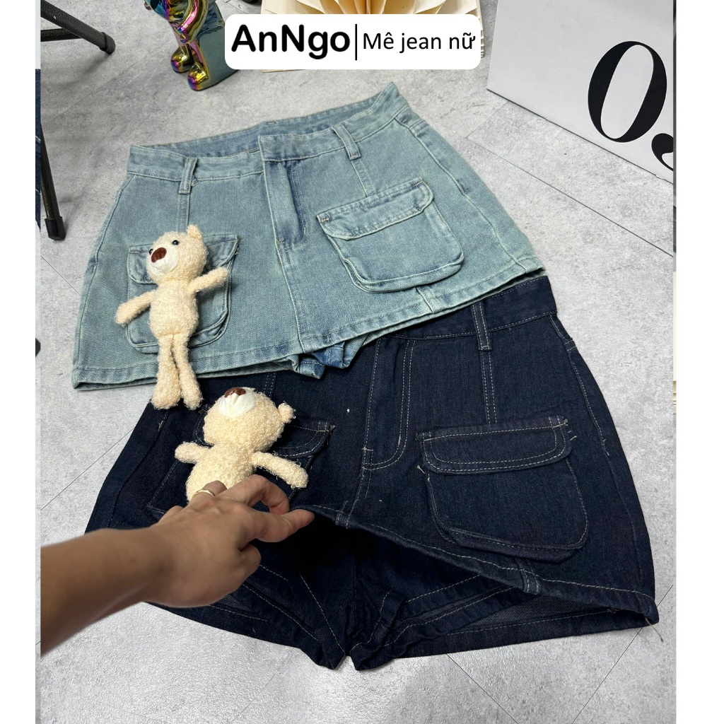 (Không kèm gấu) Chân váy jean nữ túi hộp cá tính, chất jean denim không giãn, có lót trong dày dặn Anngo  - AT538