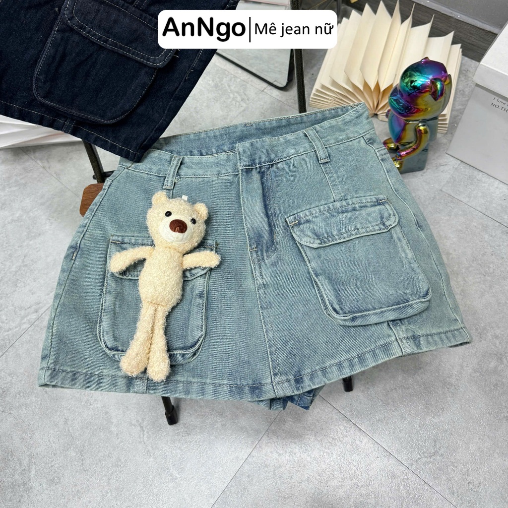 (Không kèm gấu) Chân váy jean nữ túi hộp cá tính, chất jean denim không giãn, có lót trong dày dặn Anngo  - AT538