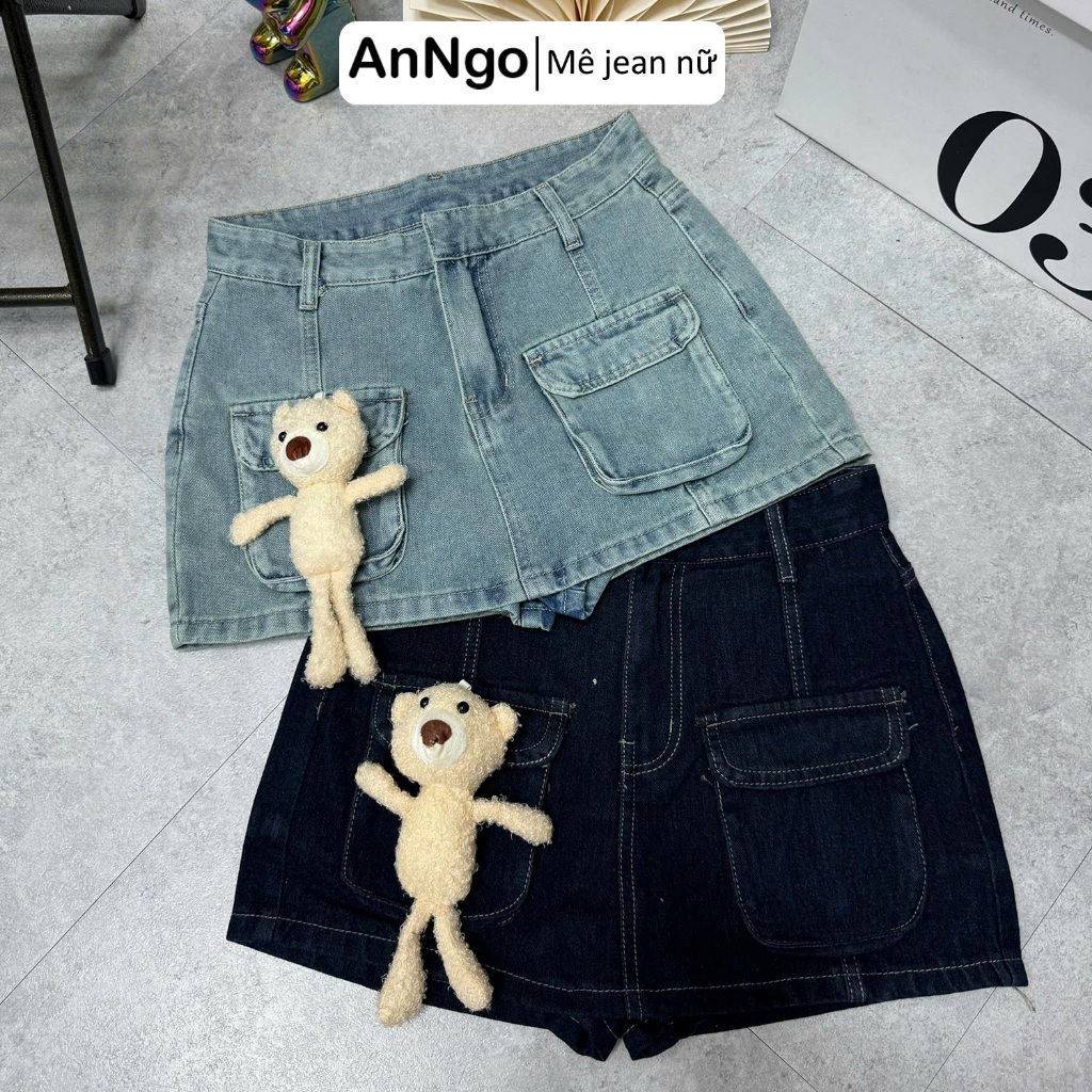 (Không kèm gấu) Chân váy jean nữ túi hộp cá tính, chất jean denim không giãn, có lót trong dày dặn Anngo  - AT538