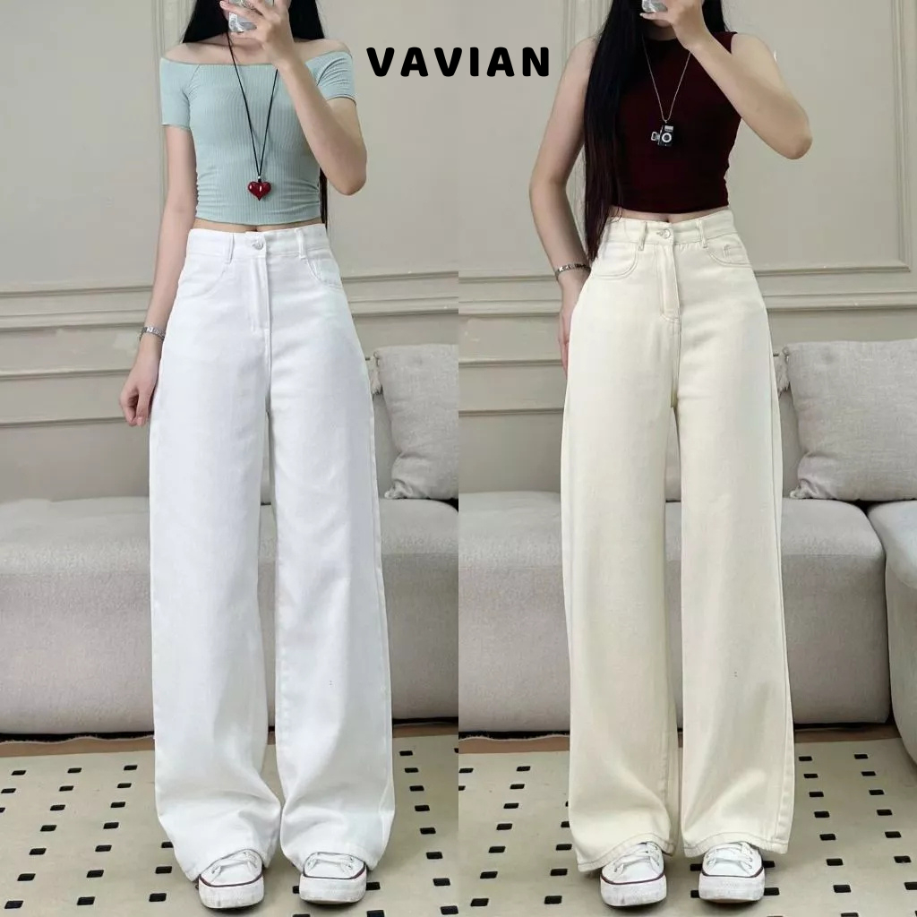 Quần JEANS ỐNG RỘNG màu TRẮNG- BE NHẠT- NÂU- ĐEN, ống loe form rộng 27-29cm, chất jeans cotton dày dặn - VAVIAN.store