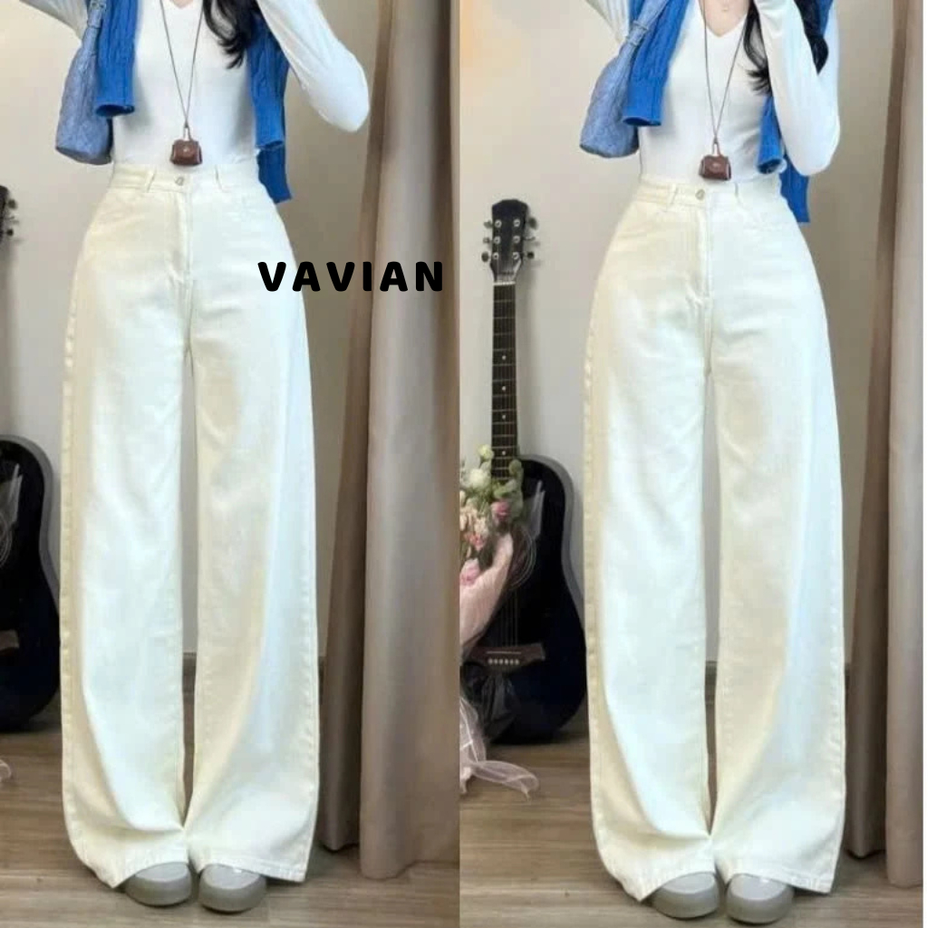 Quần JEANS ỐNG RỘNG màu TRẮNG- BE NHẠT- NÂU- ĐEN, ống loe form rộng 27-29cm, chất jeans cotton dày dặn - VAVIAN.store