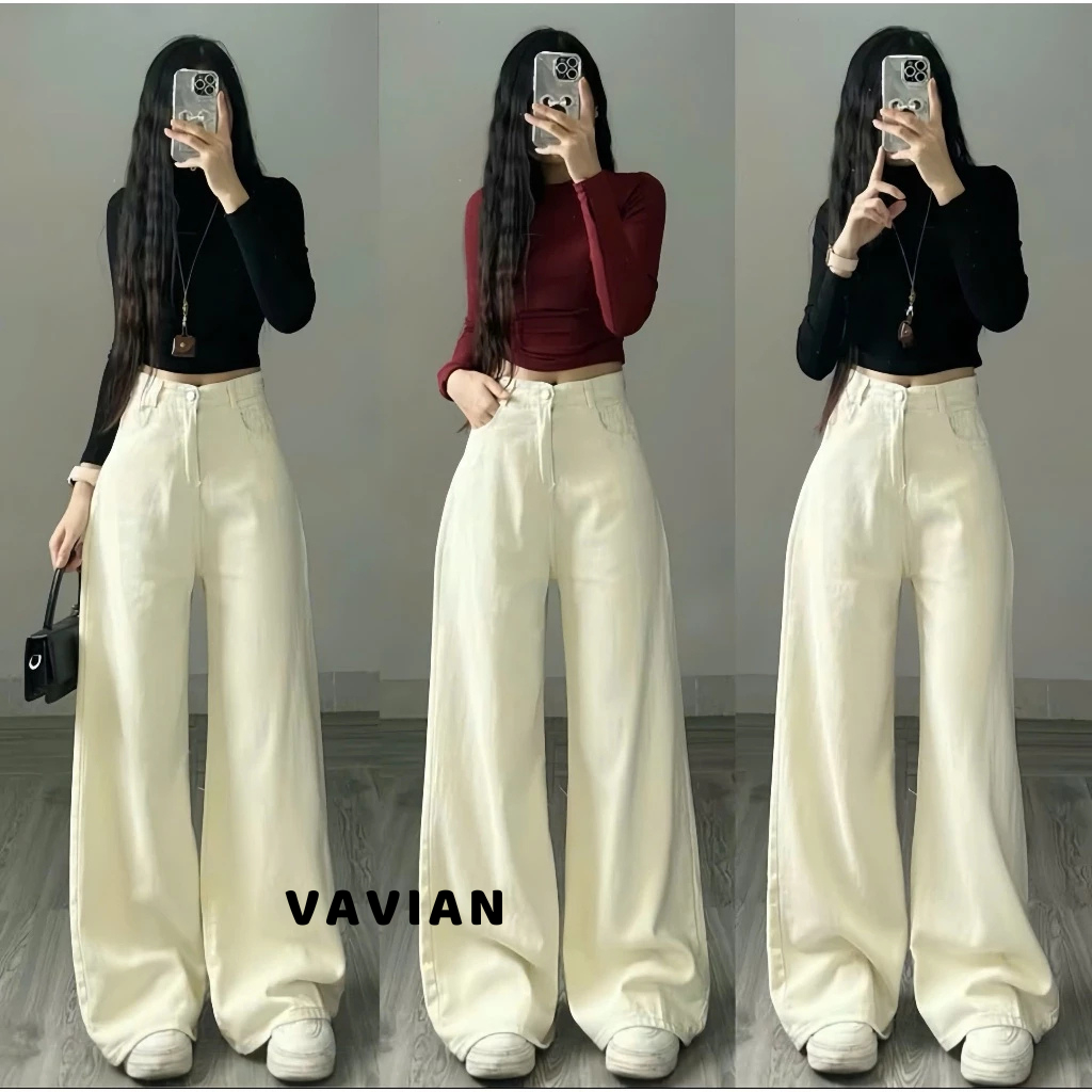 Quần JEANS ỐNG RỘNG màu TRẮNG- BE NHẠT- NÂU- ĐEN, ống loe form rộng 27-29cm, chất jeans cotton dày dặn - VAVIAN.store