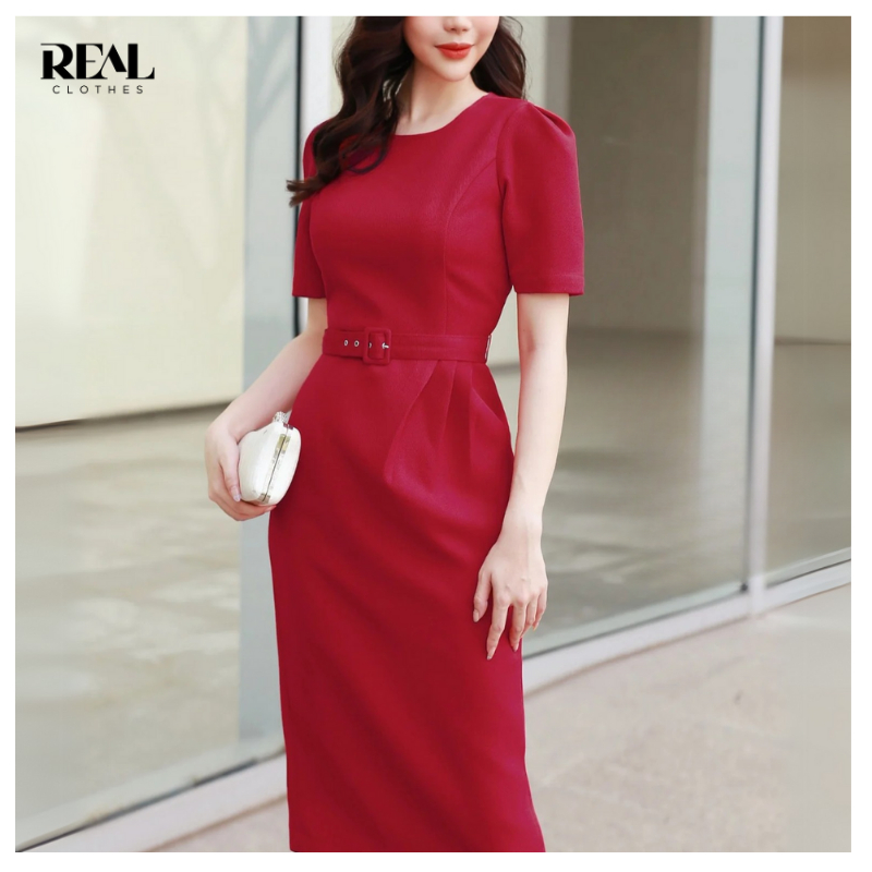 Đầm cổ tròn tay lửng Diana REAL CLOTHES (tổng hợp màu), kèm thắt lưng, đầm đi tiệc sang trọng