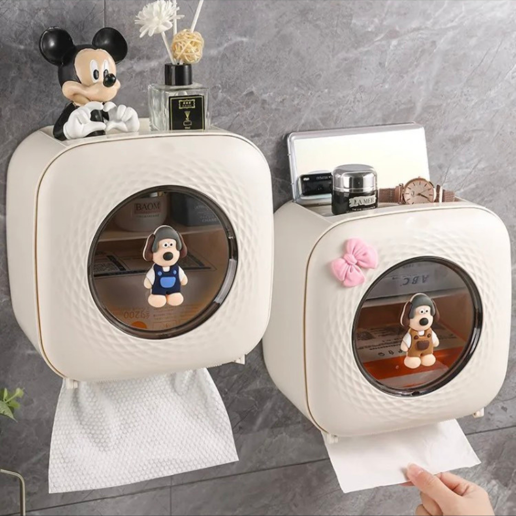 Hộp Đựng Giấy Cuộn Treo Tường Hình Thú – Có Ngăn Chứa Đồ, Nắp Bấm Chống Nước