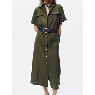 Đầm Zara made in Morocco midi xanh quân đội kèm belt da khỏe khoắn