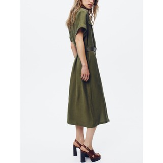 Đầm Zara made in Morocco midi xanh quân đội kèm belt da khỏe khoắn