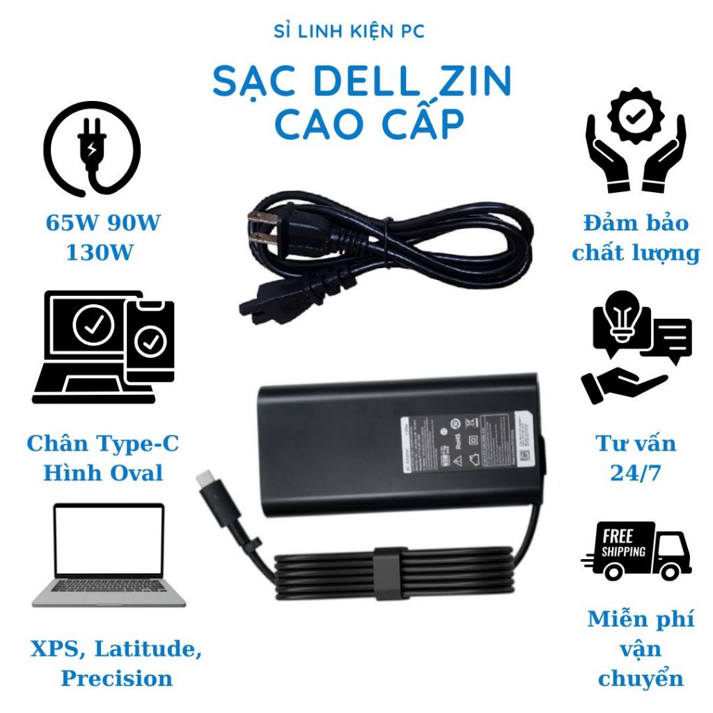 Sạc Dell Type C 65W 90Wh 130Wh Oval Sạc Laptop Dell Type C 19.5V 3.25A/4.62A/6.67A 65WH/90W/130W - Sạc nhanh, BH 12 TH