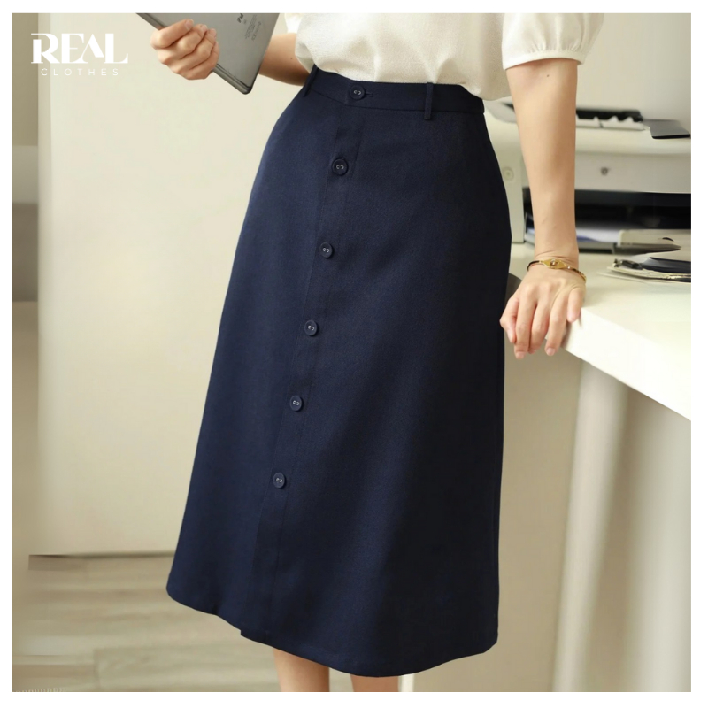 Chân váy chữ A trơn Annie xanh đen REAL CLOTHES, vải kaki lụa